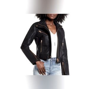 BLANKNYC faux leather moto jacket. Black with rose gold zipper detail. Size S